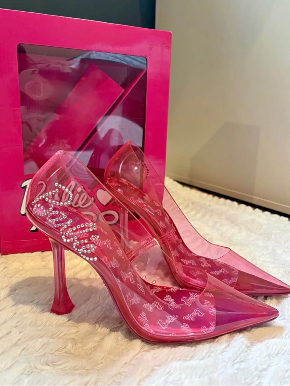 Barbie Hot Pink Clear Pointed Stiletto Heels with Rhinestone Detail - Picture 1 of 3